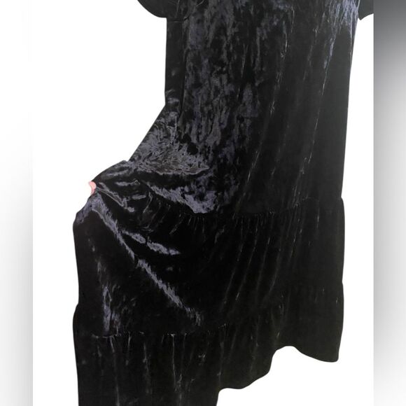 Black Crushed Velvet Modest Empire Waist Dress Tiered Full Midi Maxi Holiday - Picture 7 of 11